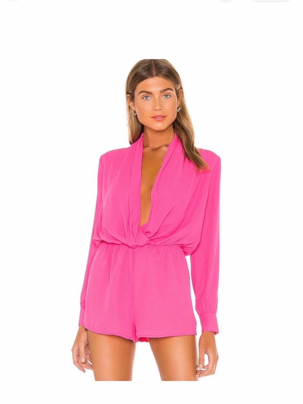Superdown Hot Pink Plunge V-Neck Long Sleeve Romper